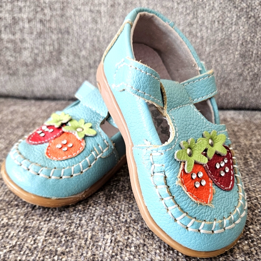 Outbaks - Toddler Blue Leather Shoes with Strawberry Design